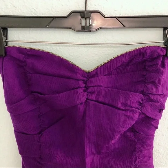 Myne Purple Gold Silk Strapless Mini Short w/ a Bow Dress 2 - Picture 3 of 6